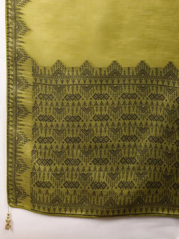 Lime_Mustard_Linen_Tissue_With_Black_Thread_&_Zari_Weaving_Designer_Blouse_&_Tassels_Saree