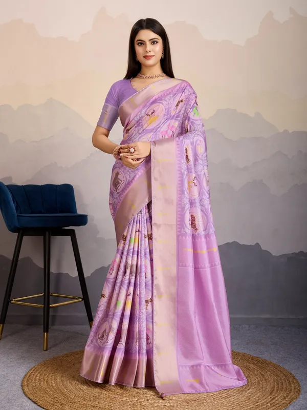 Graceful_Lavender_Purple_Mriga_Patolsi_Dola_Satin_With_3D_Fauna_Print,_Zari_Patta_&_Designer_Tassels_Saree_For_Women