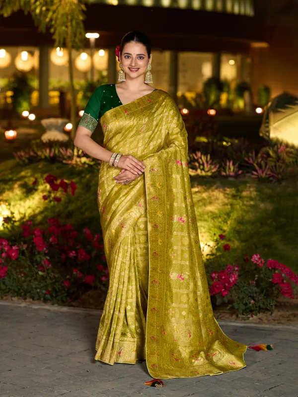 Golden_Beige_Dola_Silk_Gharchola_Saree_With_Rich_Green_Stone_Work_Blouse_For_Women