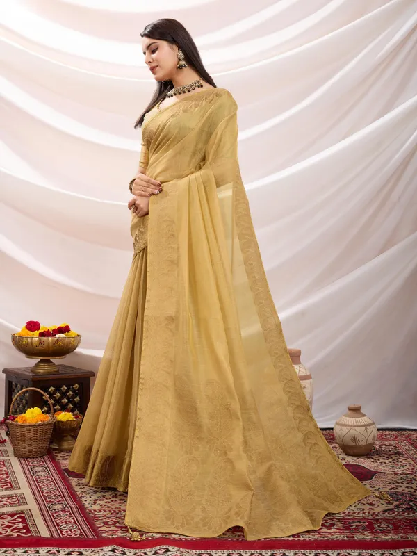 Beige_Honey_Linen_Tissue_With_Black_Thread_&_Zari_Weaving_Designer_Blouse_&_Tassels_Saree