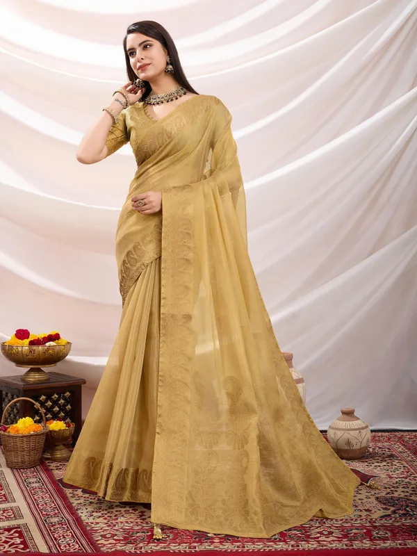Beige_Honey_Linen_Tissue_With_Black_Thread_&_Zari_Weaving_Designer_Blouse_&_Tassels_Saree