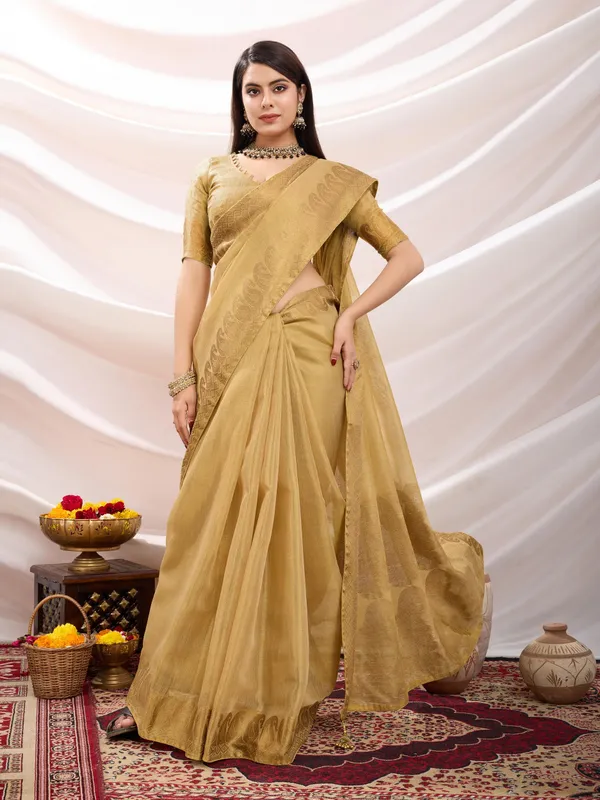 Beige_Honey_Linen_Tissue_With_Black_Thread_&_Zari_Weaving_Designer_Blouse_&_Tassels_Saree