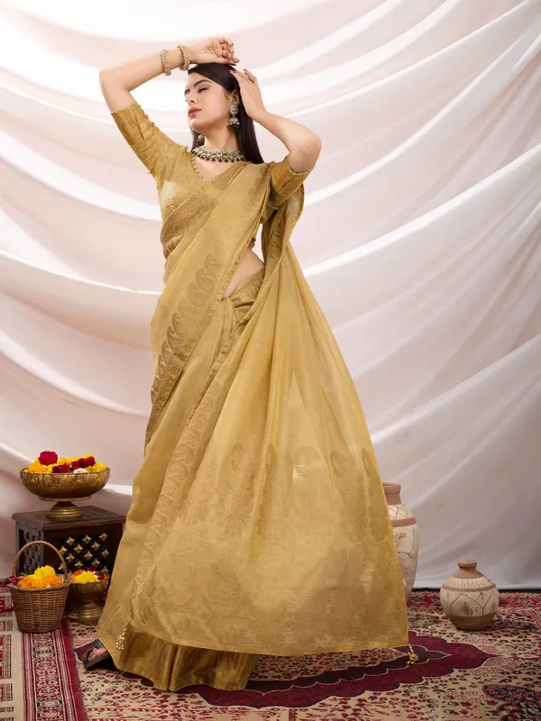 Beige_Honey_Linen_Tissue_With_Black_Thread_&_Zari_Weaving_Designer_Blouse_&_Tassels_Saree
