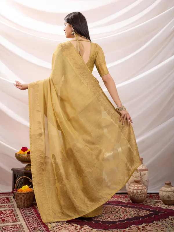 Beige_Honey_Linen_Tissue_With_Black_Thread_&_Zari_Weaving_Designer_Blouse_&_Tassels_Saree