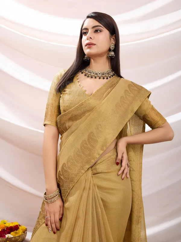 Beige_Honey_Linen_Tissue_With_Black_Thread_&_Zari_Weaving_Designer_Blouse_&_Tassels_Saree