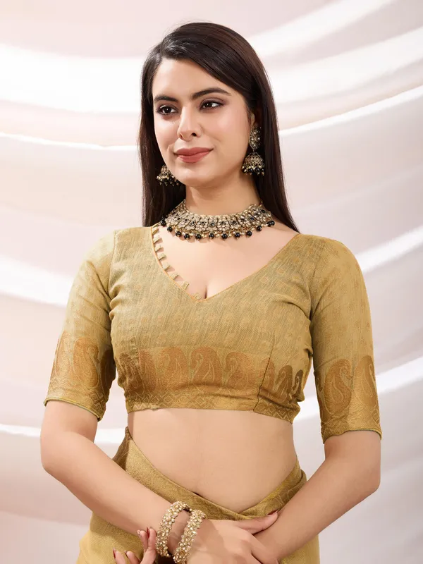 Beige_Honey_Linen_Tissue_With_Black_Thread_&_Zari_Weaving_Designer_Blouse_&_Tassels_Saree