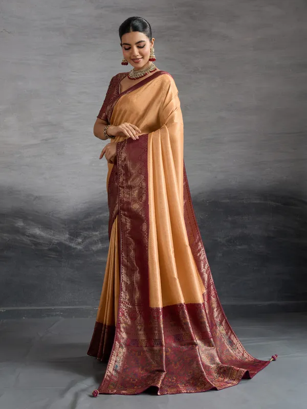 Golden_Beige_&_Maroon_Kanjivaram_Soft_Silk_Saree_with_Meenakari_&_Double_Zari_Work