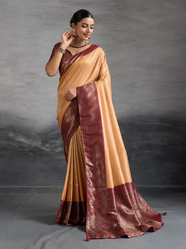 Golden_Beige_&_Maroon_Kanjivaram_Soft_Silk_Saree_with_Meenakari_&_Double_Zari_Work