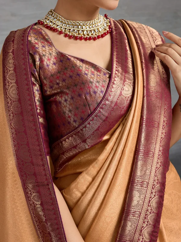 Golden_Beige_&_Maroon_Kanjivaram_Soft_Silk_Saree_with_Meenakari_&_Double_Zari_Work