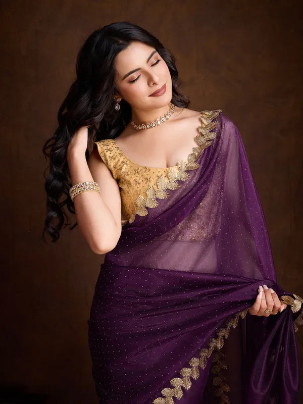 Royal_Purple_with_Golden_Lace_border_Infused_Twill_With_Dual_Blouse_Saree