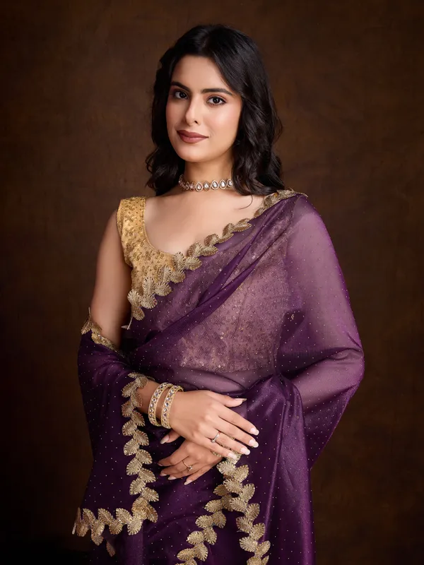 Royal_Purple_with_Golden_Lace_border_Infused_Twill_With_Dual_Blouse_Saree