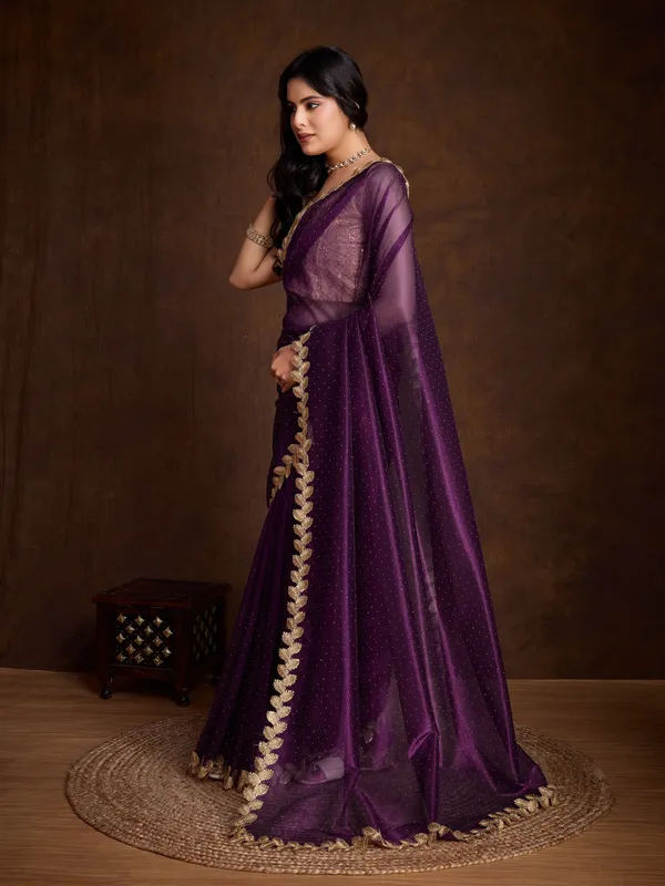Royal_Purple_with_Golden_Lace_border_Infused_Twill_With_Dual_Blouse_Saree