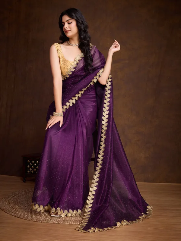Royal_Purple_with_Golden_Lace_border_Infused_Twill_With_Dual_Blouse_Saree