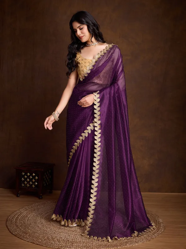 Royal_Purple_with_Golden_Lace_border_Infused_Twill_With_Dual_Blouse_Saree