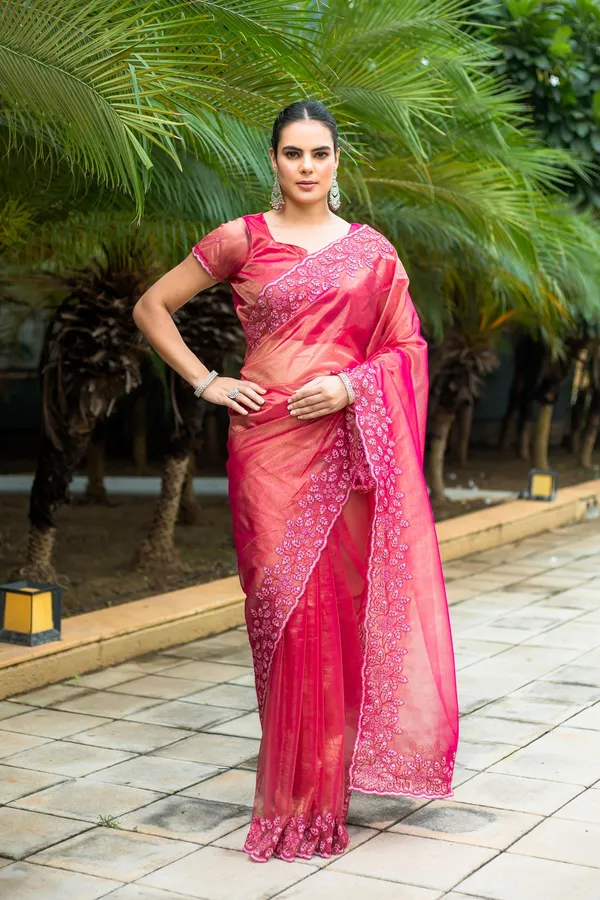 Vibrant_Rani_Pink_Twill_infused_Organza_Saree_with_Floral_Embroidery