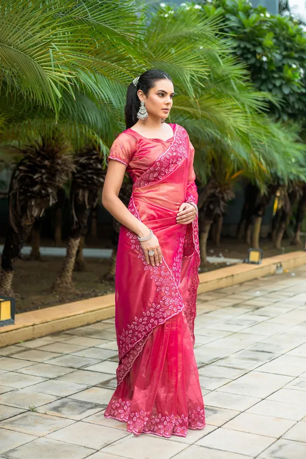 Vibrant_Rani_Pink_Twill_infused_Organza_Saree_with_Floral_Embroidery