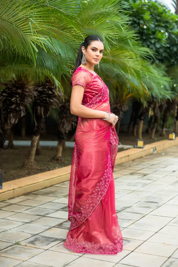Vibrant_Rani_Pink_Twill_infused_Organza_Saree_with_Floral_Embroidery