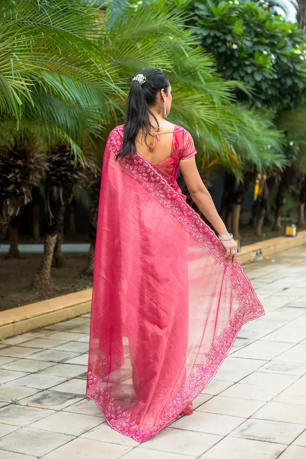 Vibrant_Rani_Pink_Twill_infused_Organza_Saree_with_Floral_Embroidery