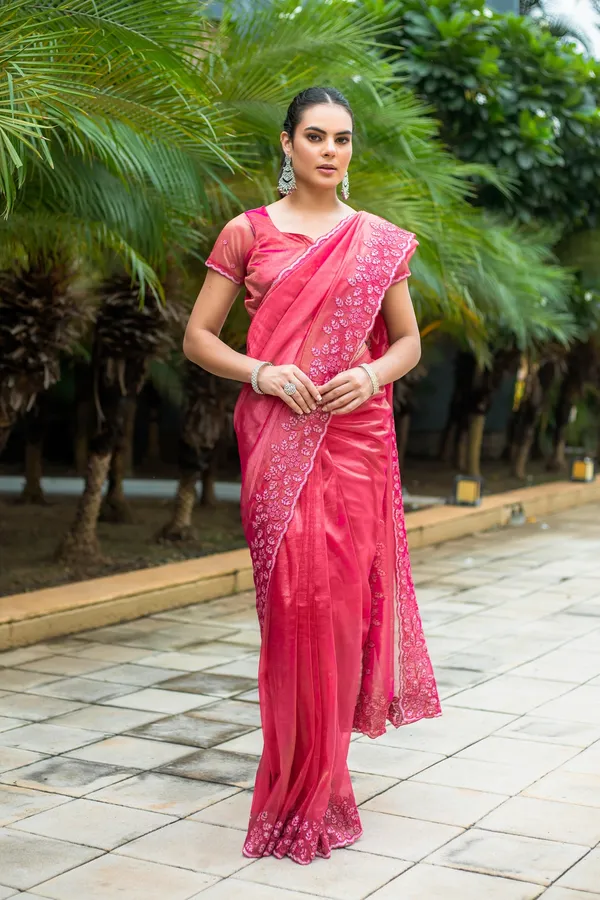 Vibrant_Rani_Pink_Twill_infused_Organza_Saree_with_Floral_Embroidery