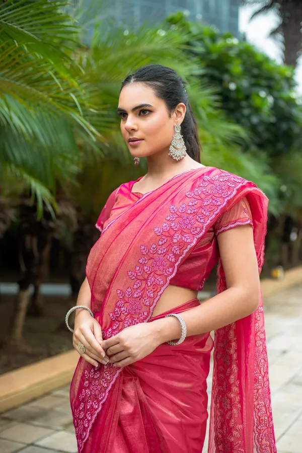 Vibrant_Rani_Pink_Twill_infused_Organza_Saree_with_Floral_Embroidery
