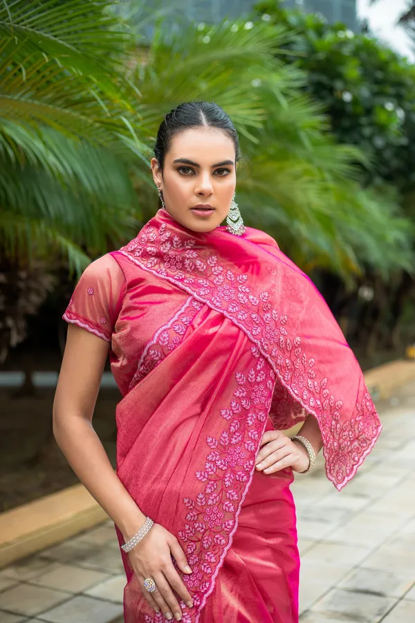 Vibrant_Rani_Pink_Twill_infused_Organza_Saree_with_Floral_Embroidery