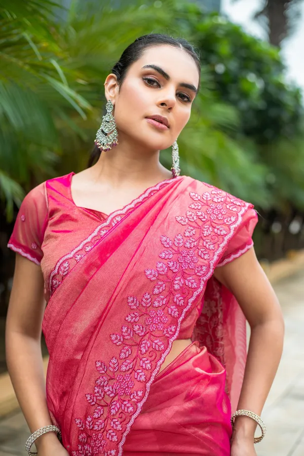 Vibrant_Rani_Pink_Twill_infused_Organza_Saree_with_Floral_Embroidery