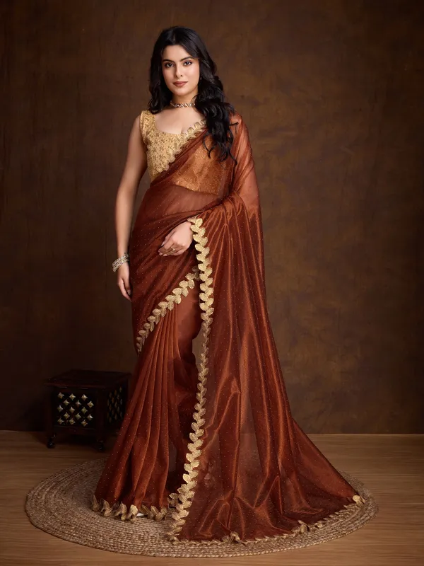 Burnt_Copper_Brown_with_Golden_Lace_Detailing_Infused_Twill_With_Dual_Blouse_Options_Saree