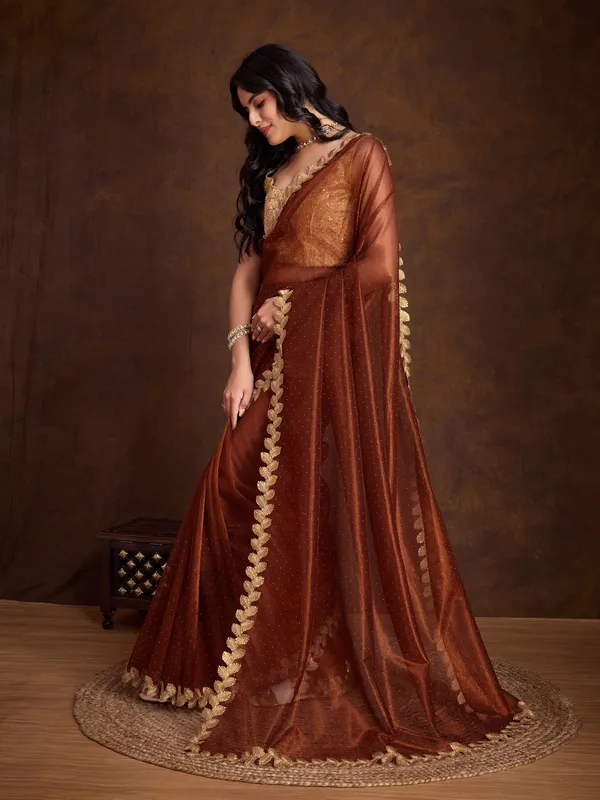 Burnt_Copper_Brown_with_Golden_Lace_Detailing_Infused_Twill_With_Dual_Blouse_Options_Saree