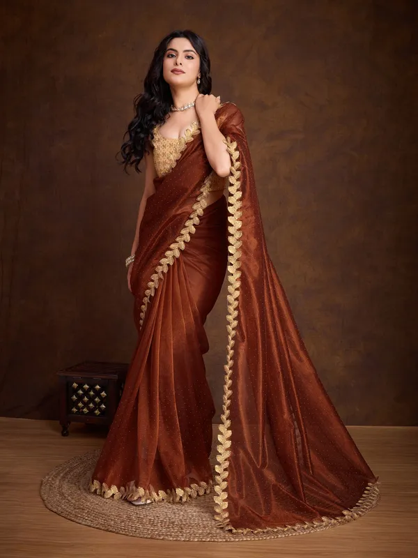 Burnt_Copper_Brown_with_Golden_Lace_Detailing_Infused_Twill_With_Dual_Blouse_Options_Saree