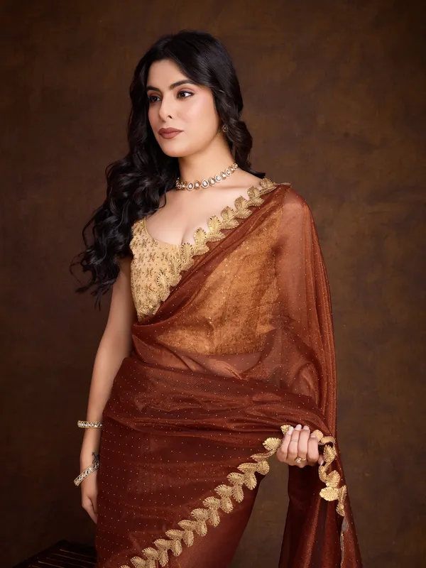 Burnt_Copper_Brown_with_Golden_Lace_Detailing_Infused_Twill_With_Dual_Blouse_Options_Saree