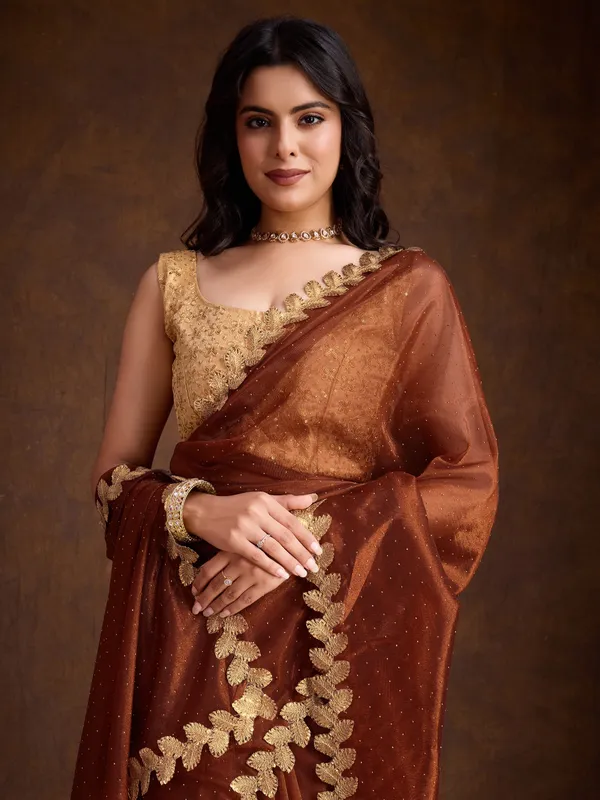 Burnt_Copper_Brown_with_Golden_Lace_Detailing_Infused_Twill_With_Dual_Blouse_Options_Saree