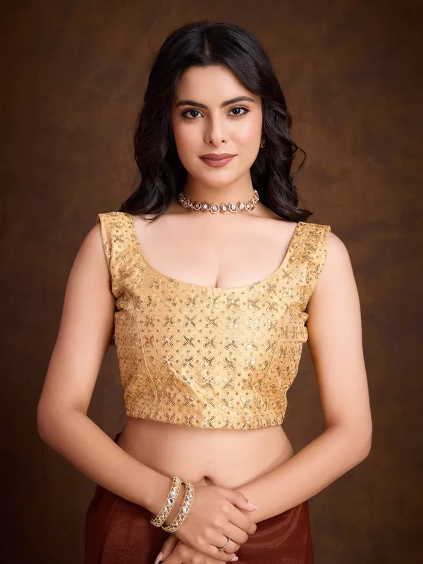 Burnt_Copper_Brown_with_Golden_Lace_Detailing_Infused_Twill_With_Dual_Blouse_Options_Saree