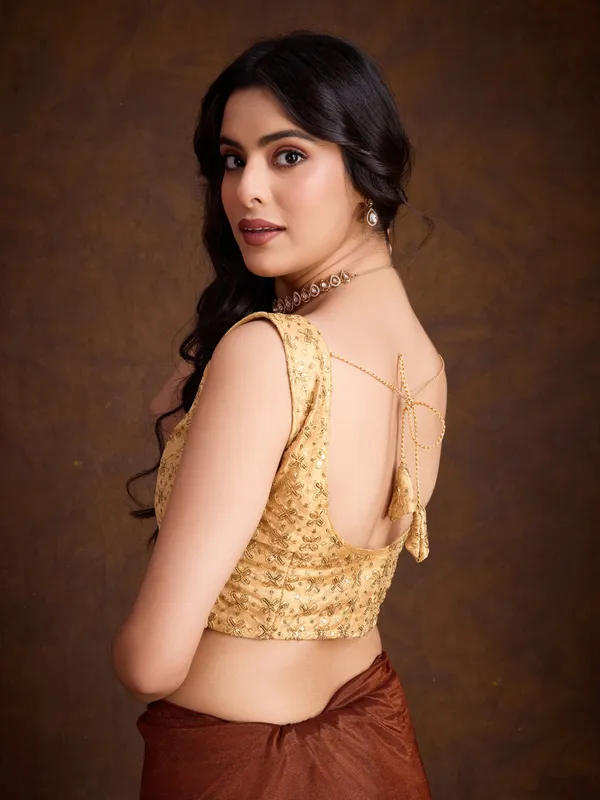Burnt_Copper_Brown_with_Golden_Lace_Detailing_Infused_Twill_With_Dual_Blouse_Options_Saree