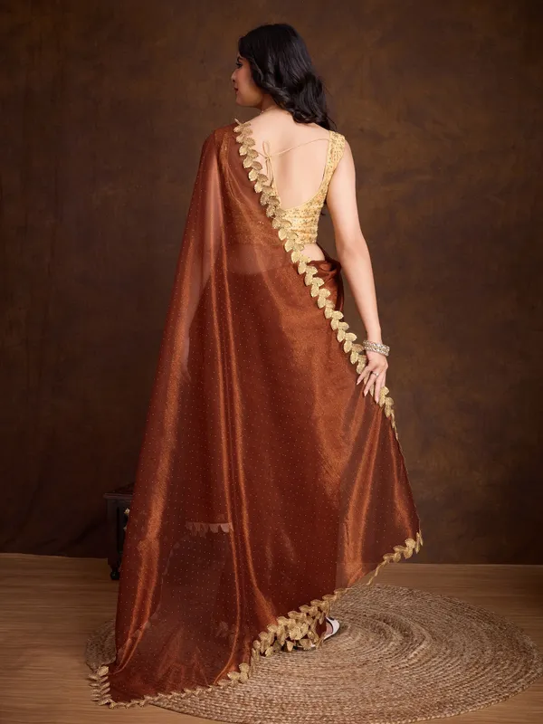 Burnt_Copper_Brown_with_Golden_Lace_Detailing_Infused_Twill_With_Dual_Blouse_Options_Saree