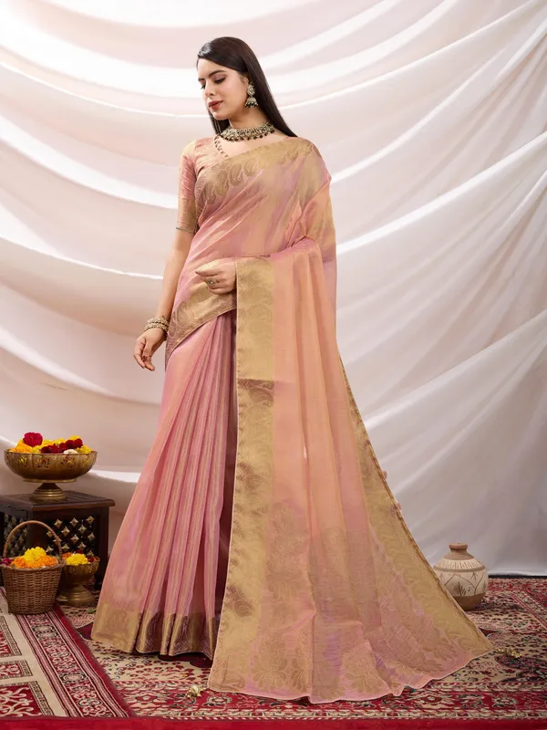 Peachy_Pink_Linen_Tissue_With_Golden_Zari_Weaving_Designer_Blouse_&_Tassels_Saree