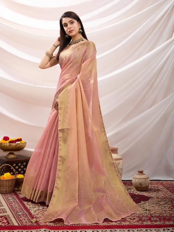 Peachy_Pink_Linen_Tissue_With_Golden_Zari_Weaving_Designer_Blouse_&_Tassels_Saree