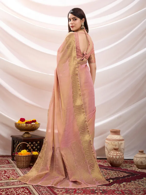 Peachy_Pink_Linen_Tissue_With_Golden_Zari_Weaving_Designer_Blouse_&_Tassels_Saree