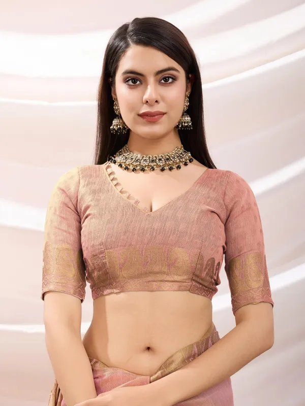 Peachy_Pink_Linen_Tissue_With_Golden_Zari_Weaving_Designer_Blouse_&_Tassels_Saree