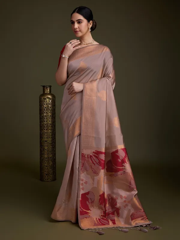 Red_&_Dusty-Beige_En_Soft_Banarasi_Silk_With_Fancy_Digital_Woven_Pallu_&_Maroon_Blouse_Saree_For_Women