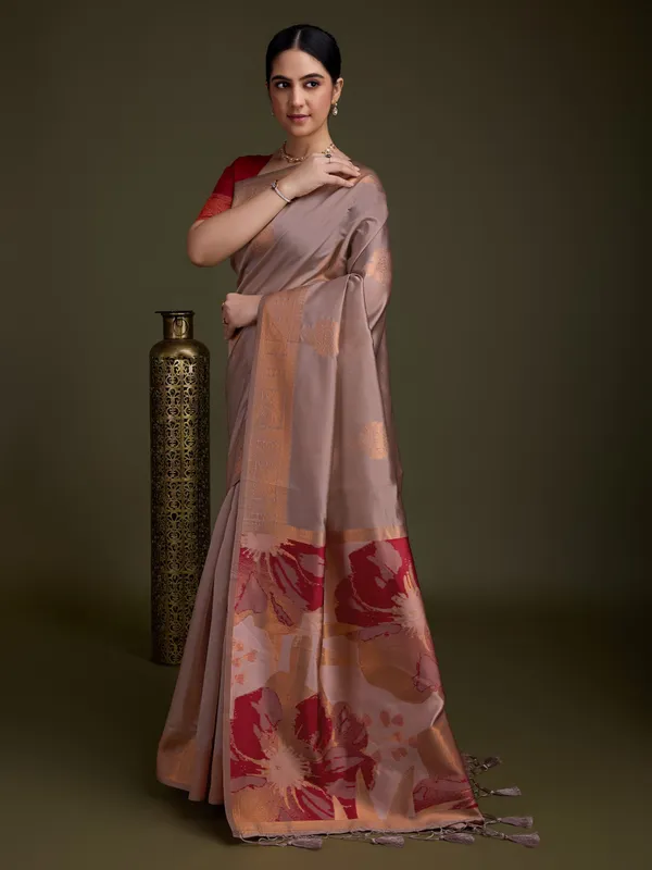 Red_&_Dusty-Beige_En_Soft_Banarasi_Silk_With_Fancy_Digital_Woven_Pallu_&_Maroon_Blouse_Saree_For_Women