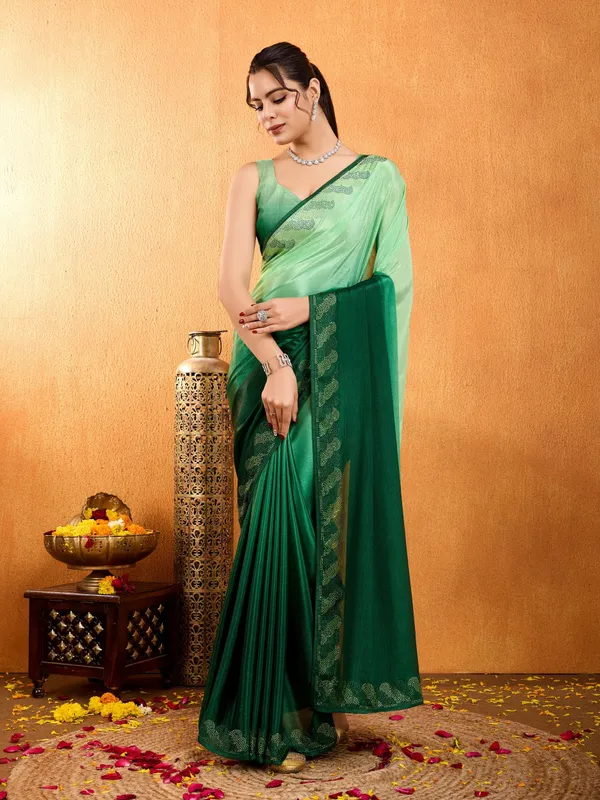 Mint_&_Bottle_Green_Shaded_Chinnon_With_Swarovski_Diamond_Work_Saree_For_Women