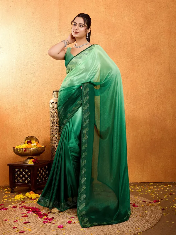 Mint_&_Bottle_Green_Shaded_Chinnon_With_Swarovski_Diamond_Work_Saree_For_Women