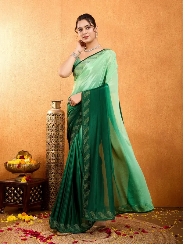 Mint_&_Bottle_Green_Shaded_Chinnon_With_Swarovski_Diamond_Work_Saree_For_Women