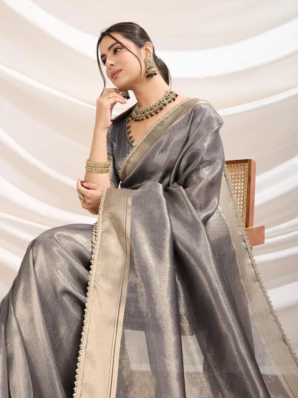 Grey_Radiant_Infused_Tissue_Linen_In_Slate_Gray_Saree_For_Women