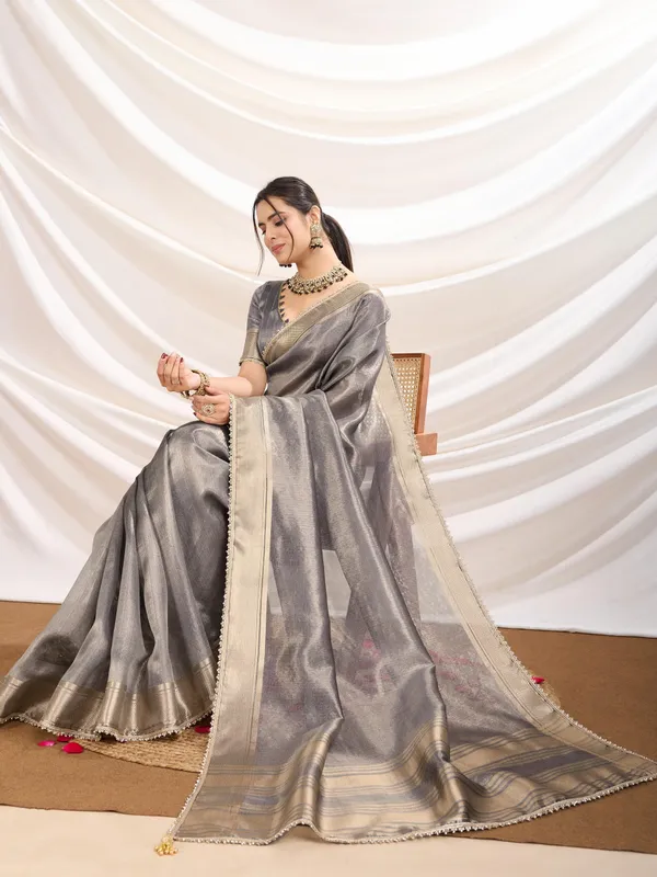 Grey_Radiant_Infused_Tissue_Linen_In_Slate_Gray_Saree_For_Women