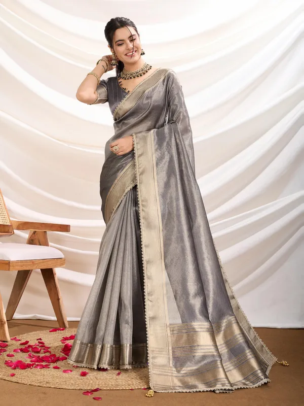 Grey_Radiant_Infused_Tissue_Linen_In_Slate_Gray_Saree_For_Women