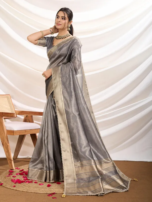 Grey_Radiant_Infused_Tissue_Linen_In_Slate_Gray_Saree_For_Women