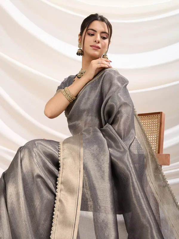 Grey_Radiant_Infused_Tissue_Linen_In_Slate_Gray_Saree_For_Women
