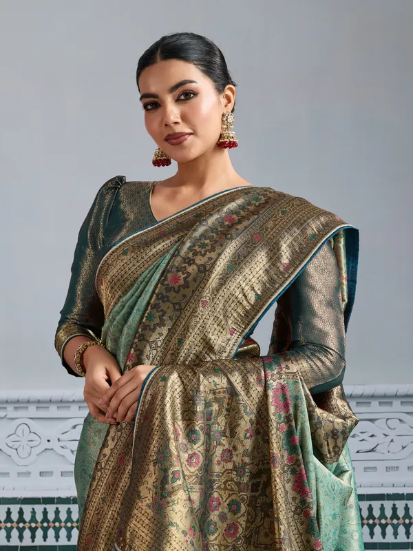 Sage_Green_&_Antique_Gold_Kanjivaram_Mul_Silk_Meenakari_Saree