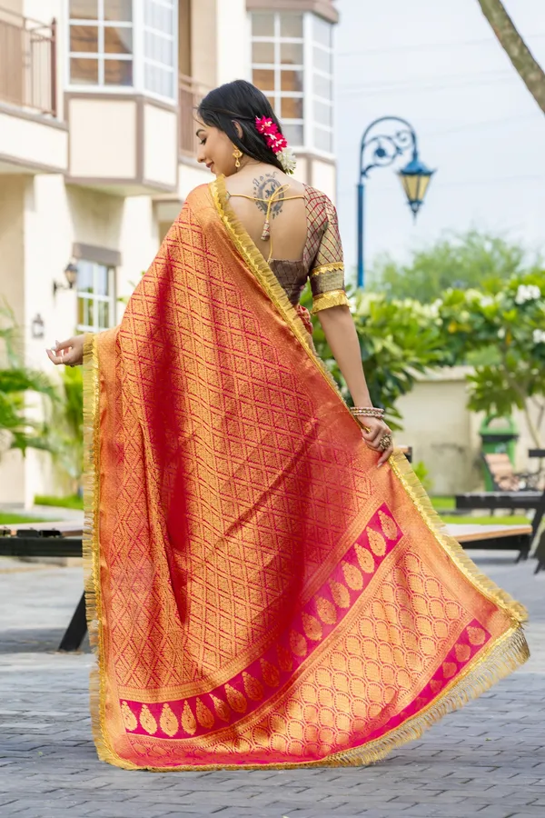 Peachy_Orange_&_Golden_Red_Mysore_Brocade_Silk_With_Triple_Jari_Weaving_&_Dual_Lace_Work_Saree